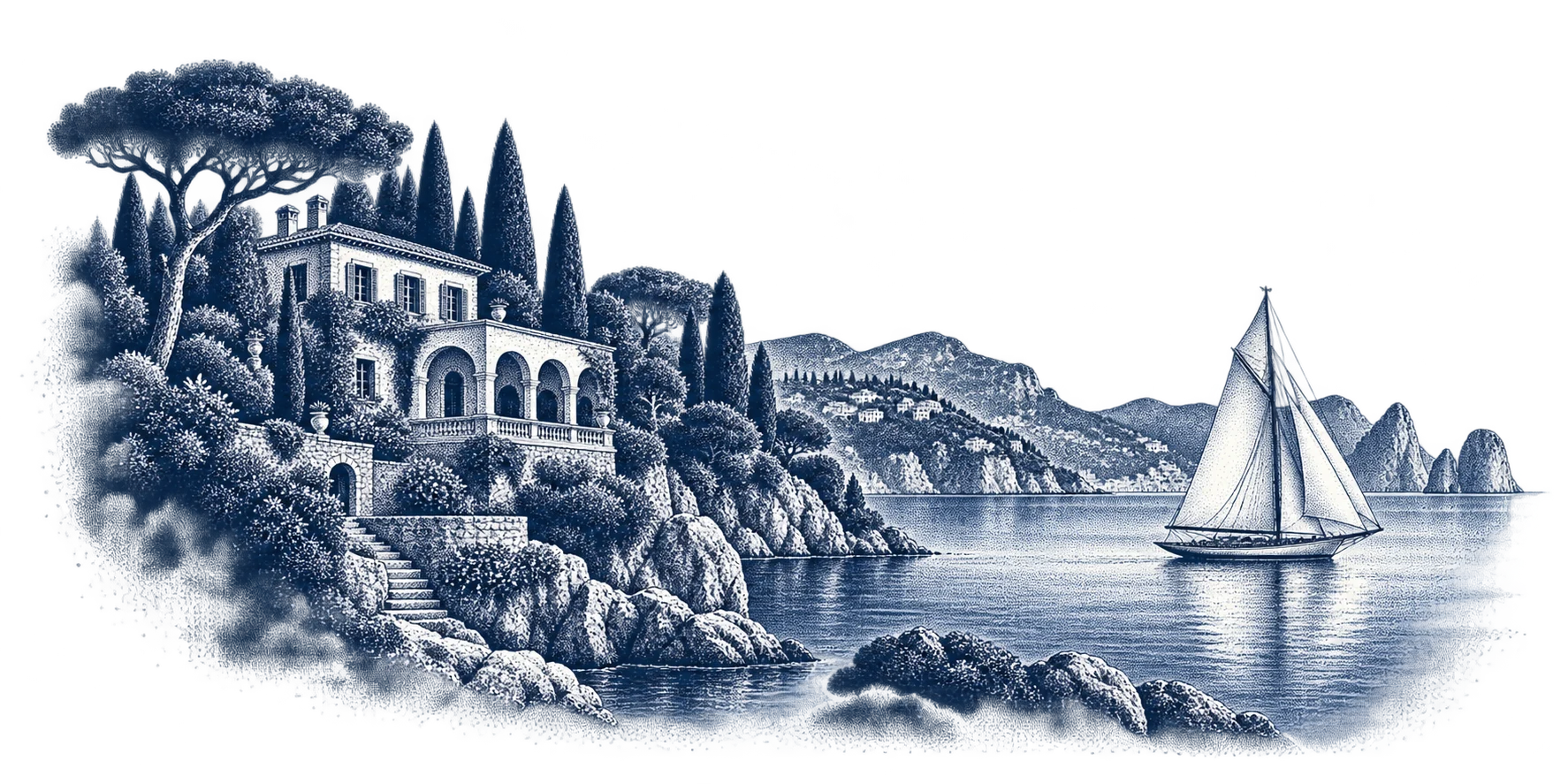 A coastal landscape illustrated in navy halftone