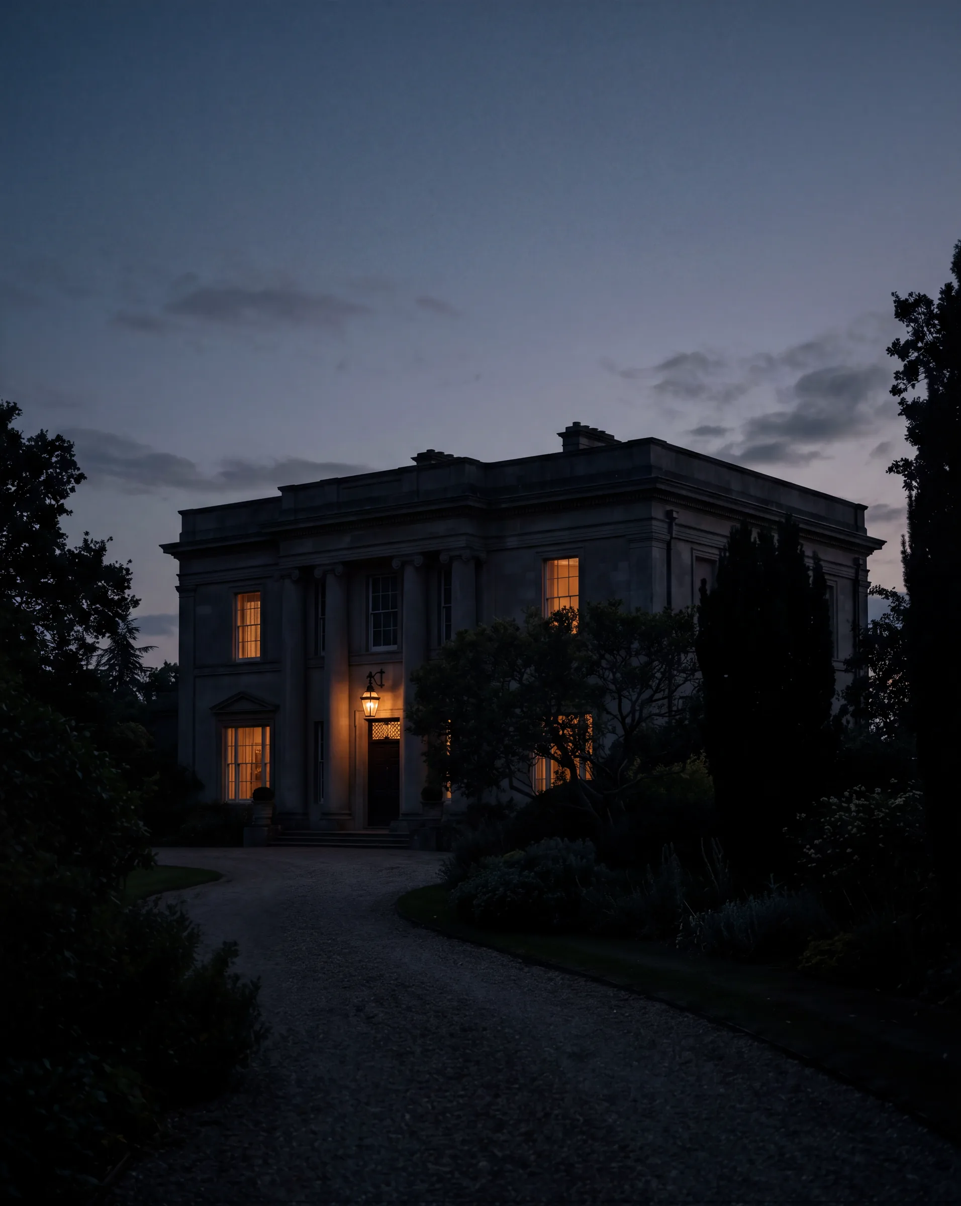 A façade lit at dusk