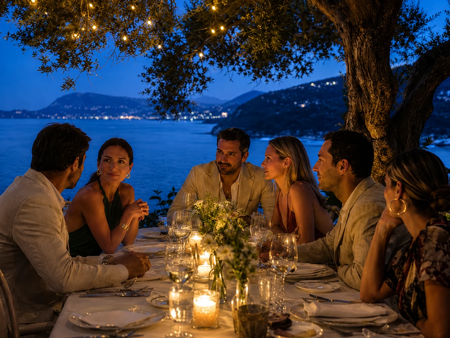Dinner set beneath an olive tree