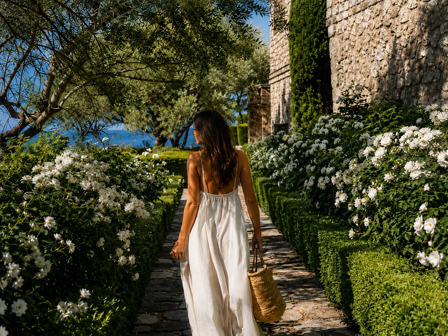 A quiet garden path in flower