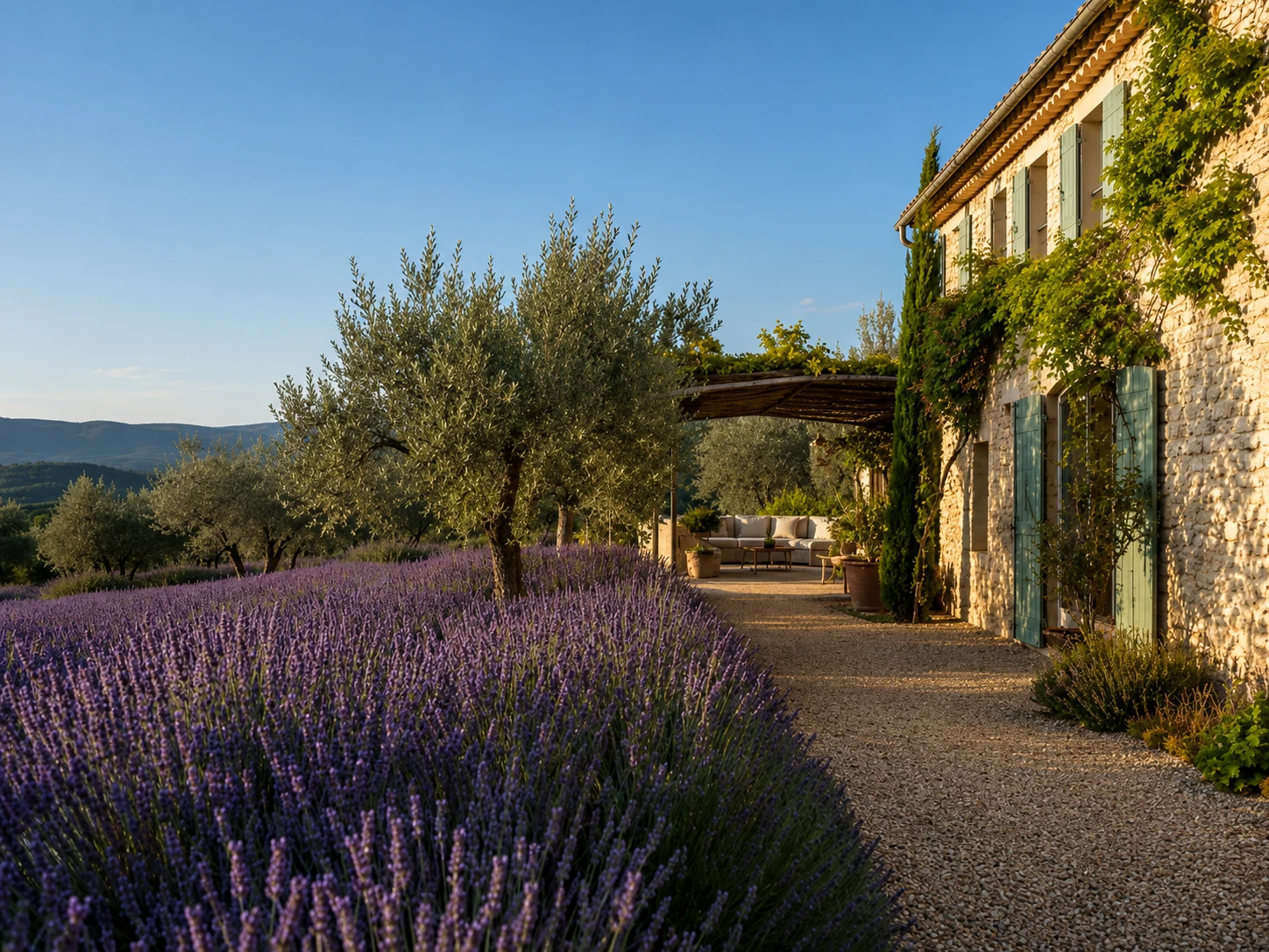 A stone villa above a lavender field