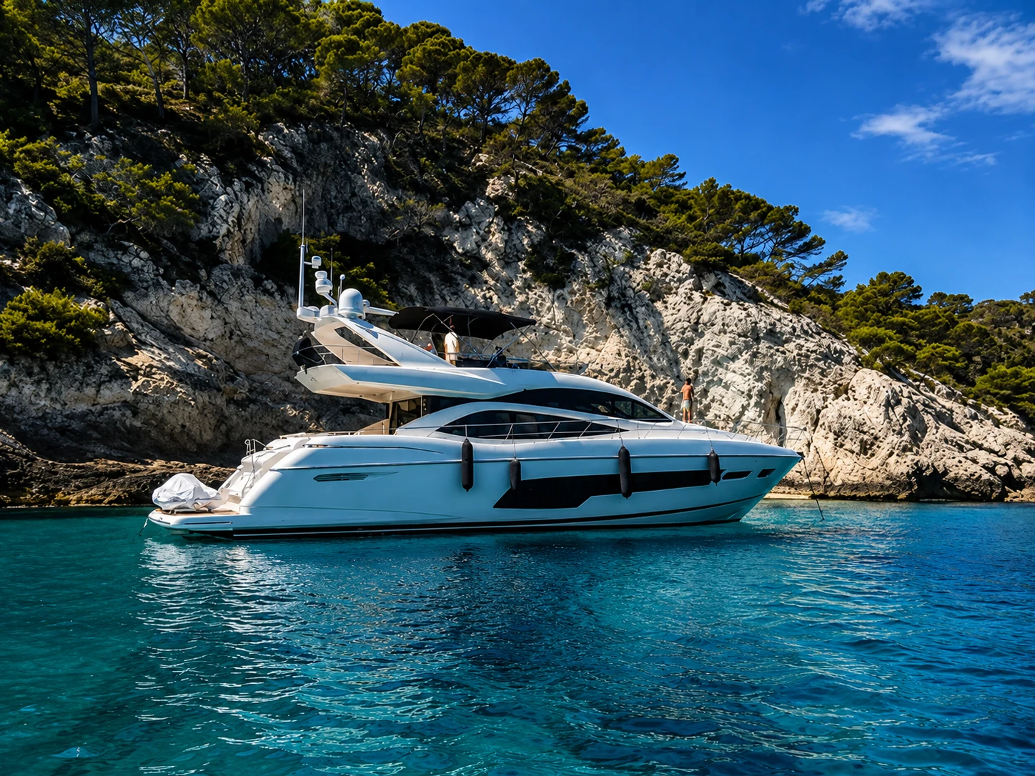 A yacht at anchor in a rocky cove