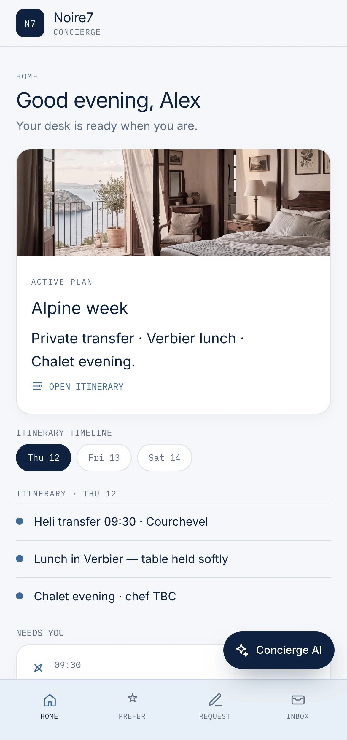 The Noire7 Concierge app home screen with an active Alpine itinerary